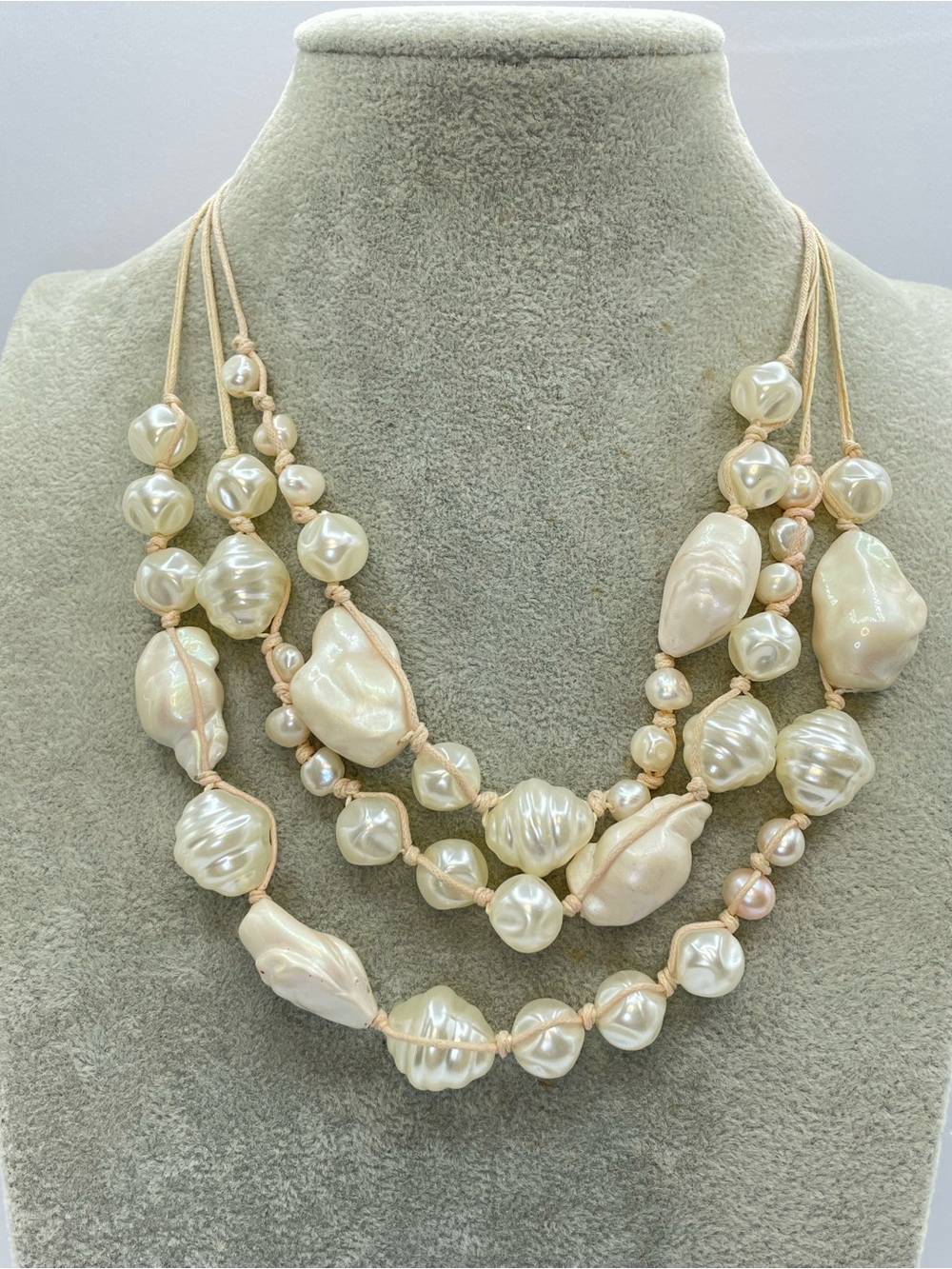 Chunky Faux Baroque Pearl Multi Strand Necklace Cream Boho Statement Corded